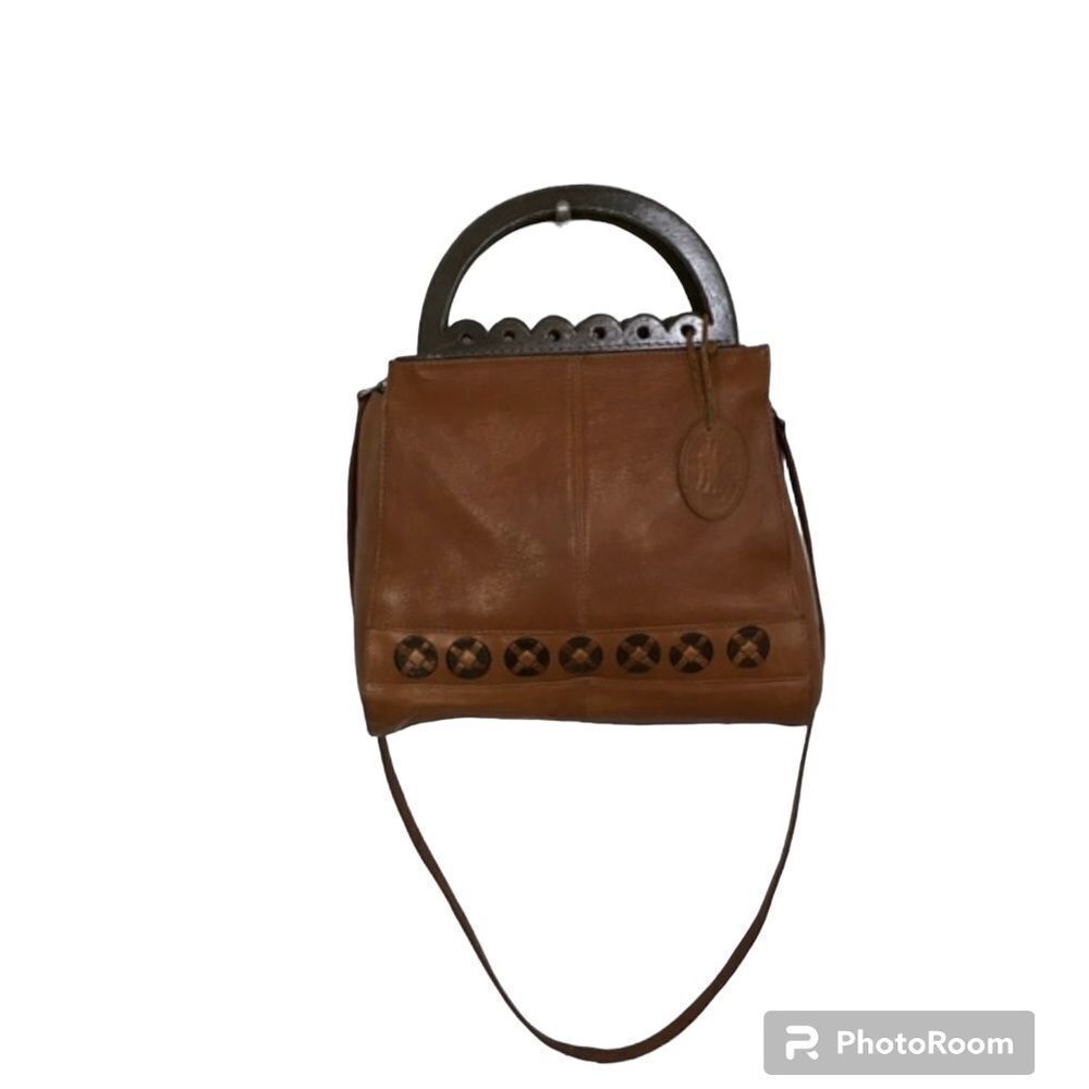 American Angel Womens Genuine Leather Wood Handle Shoulder Crossbody Bag Brown